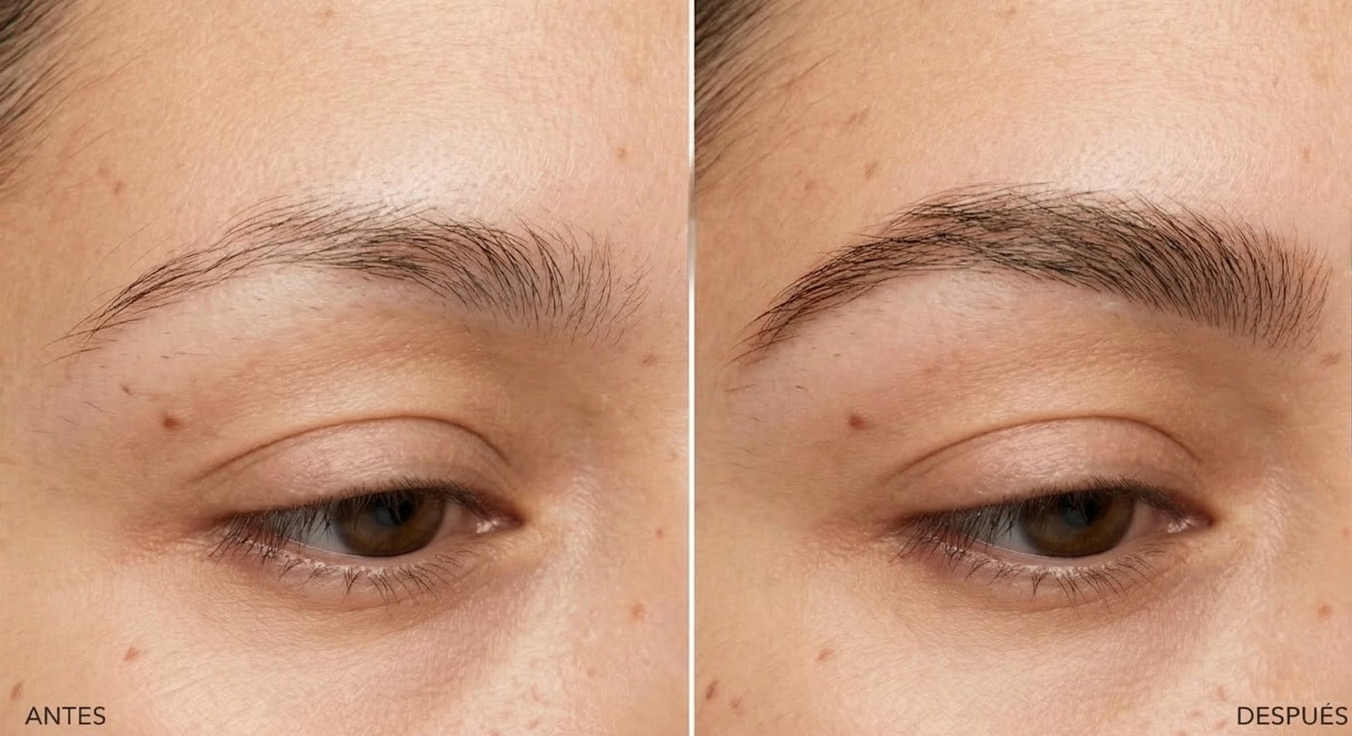 Antes y después del uso del gel estimulador de crecimiento para cejas Volosy en una mujer para espesar y rellenar cejas delgadas.