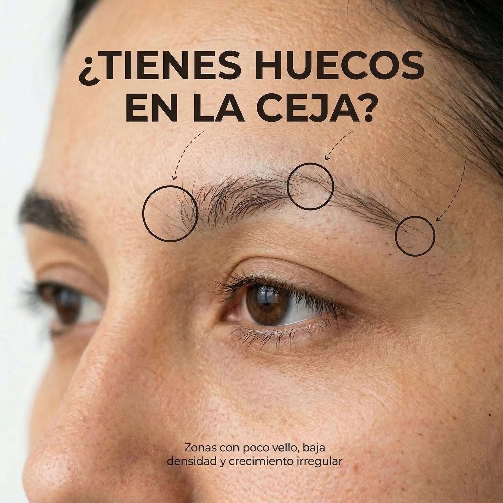 Infografía explicativa sobre cómo rellenar huecos en la ceja y corregir el crecimiento irregular con el gel Volosy.