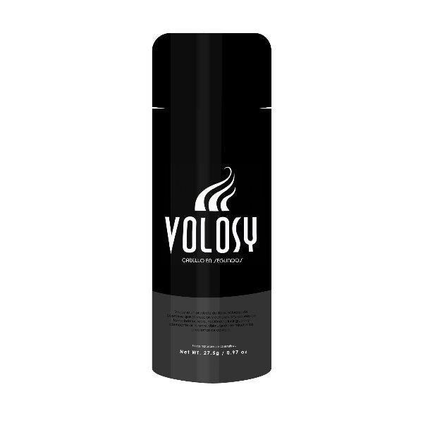 Envase de microfibras capilares de queratina Volosy de 27.5 gramos para dar volumen y densidad al cabello de forma inmediata.
