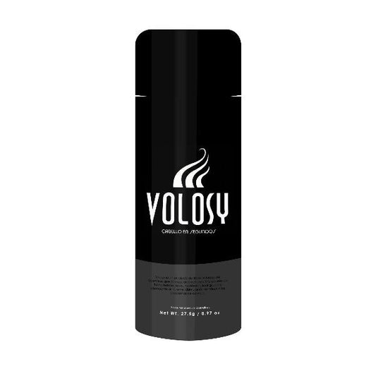 Envase de microfibras capilares de queratina Volosy de 27.5 gramos para dar volumen y densidad al cabello de forma inmediata.